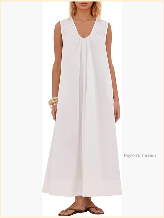 Dresses & Skirts - Sleeveless Scoop Neck Maxi Dress Ruched Wide Shoulder Beach Vacation